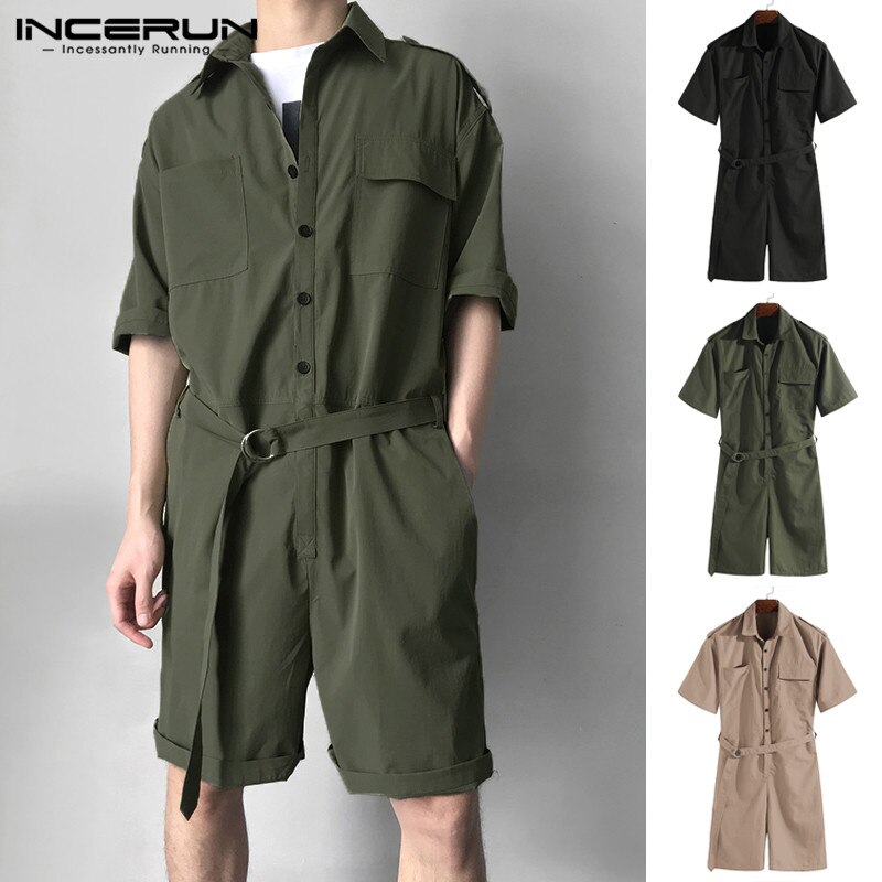 INCERUN Streetwear Männer Gesamt-spielanzug Gürtel Taschen Halbes Feste Hosen Männer Lässig Gesamt Overall Harajuku