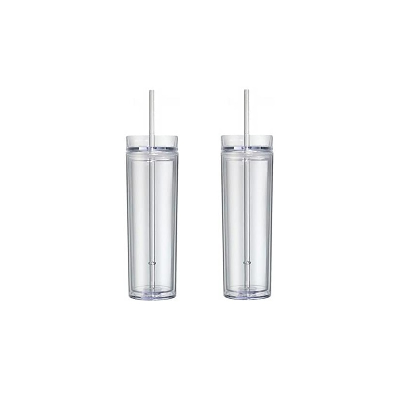 2Pack Skinny Acrylic Tumblers With Lid And Straw, 16oz Double Wall Clear Plastic Tumblers ,Clear Reusable Acrylic Cup With Straw