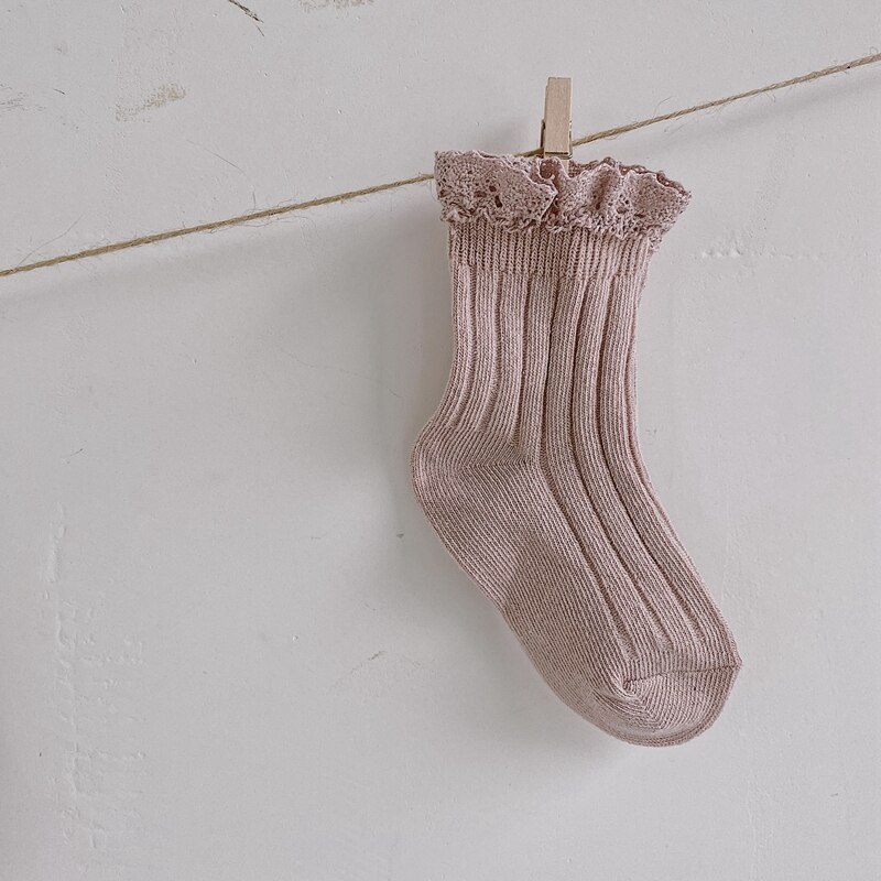 Chaussettes genoux pour filles en dentelle de coton, automne et hiver, pour enfants en bas âge, tendance, de couleur solide: pink / L for 6 to 8T
