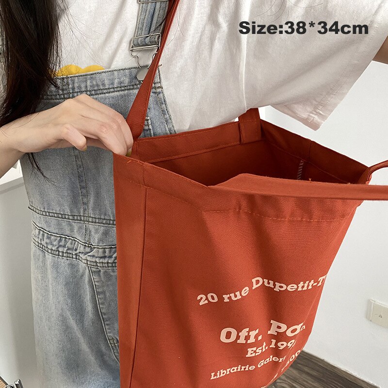 Women Canvas Shopping Bag Paris Letters Print Shoulder Bag Eco Cotton Linen Shopper Bags Cloth Fabric Handbag Tote For Girls: Ofr Rusty Red