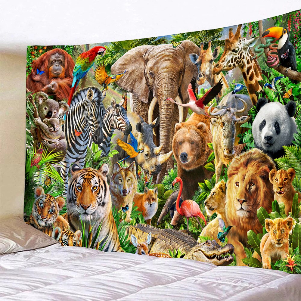 Forest Animal World Tapestry Tiger Lion Elephant Deer Koala Panda Tropical Rainforest Wall Hanging Tapestries for Bedroom Yoga