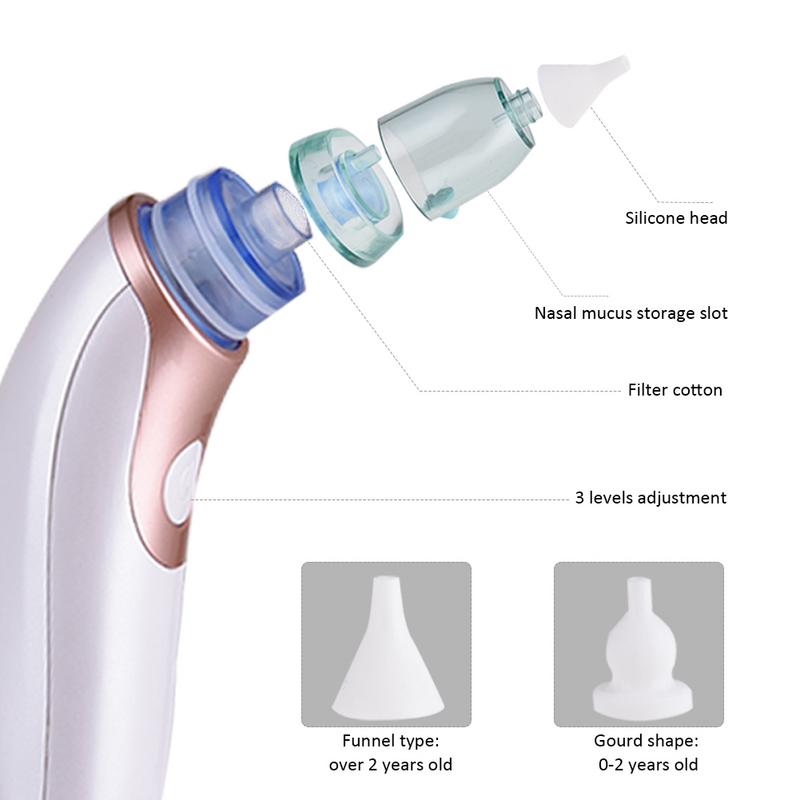 Aspirator robić nosa dla dzieci USB ładowanie elektryczny bezpieczny higieniczny czyścik robić nosa z 4 rozmiarami końcówek nosowych dla noworodków chłopiec dziewczyny