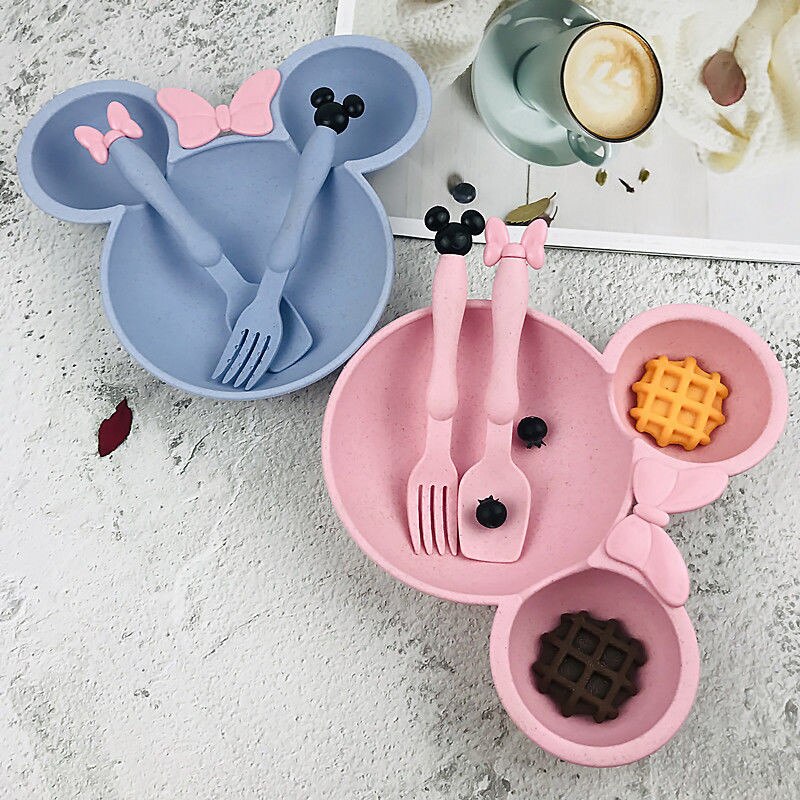 Tarwe Stro Baby Diner Kom Kinderen Cartoon Servies Set Kid Diner Plaat Baby Training Kom Lepel Vork Set