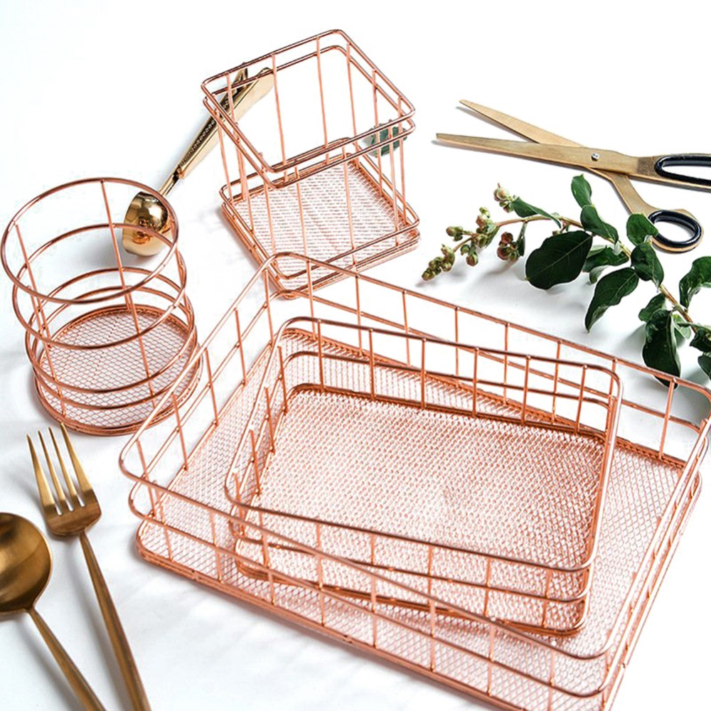 4 stilar rosa guld metall förvaring korg kosmetiska arrangör hållare skrivbord kök badrum hylla heminredning tillbehör