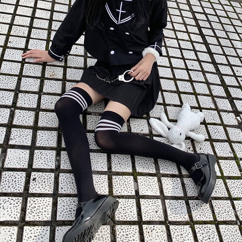 Japanese Velvet Long Socks Over The Knee Striped Socks Stockings Female Student Jk Uniform Knee Socks Thin White Summer Thin