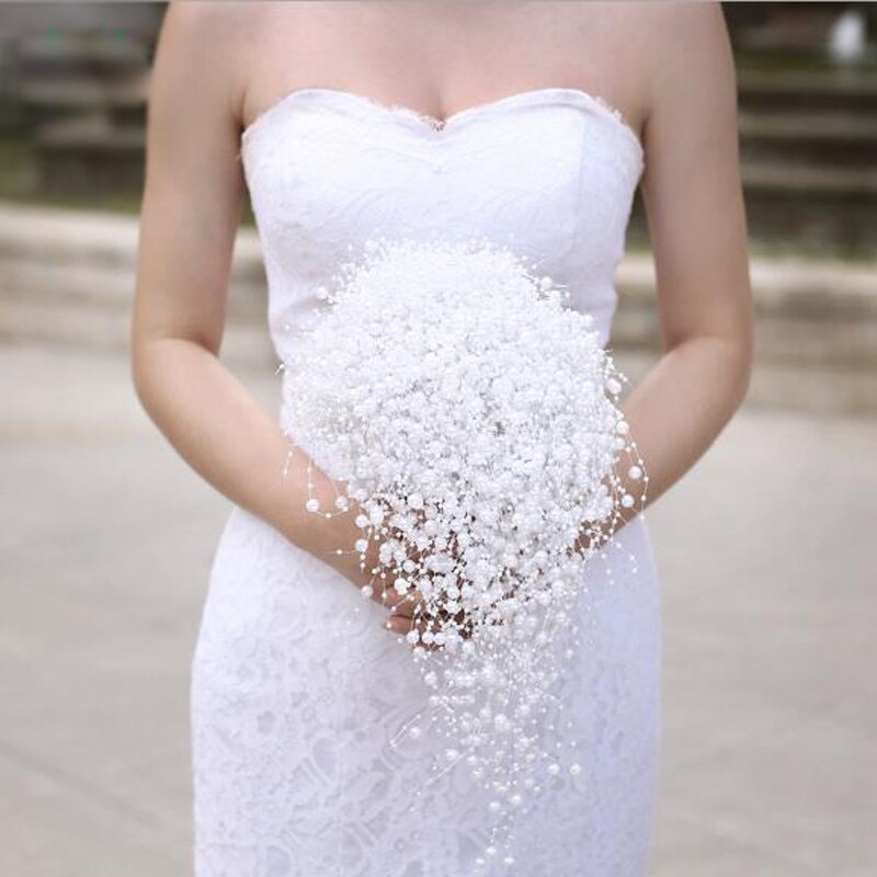 SexeMara Wedding Bouquet Handmade Waterfull Bride Bouquet Wedding Flower Bridal Bouquet Full Pearls Ivory&amp;white Bouquet