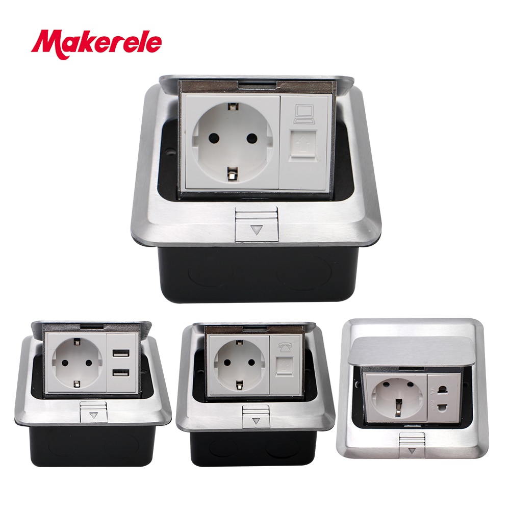 EU Standard Floor Socket square shape Pop Up Outlet Box with rj45 net/phone/USB connector aluminium alloy panel Makerele