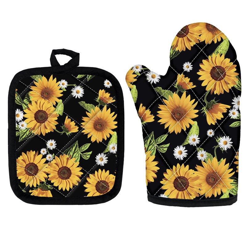 Golden Sunflowers Oven Mitts and Pot Holders Insulated Gloves for Cooking BBQ Baking Grilling Floral Style Kitchen Accessories: L3818D19