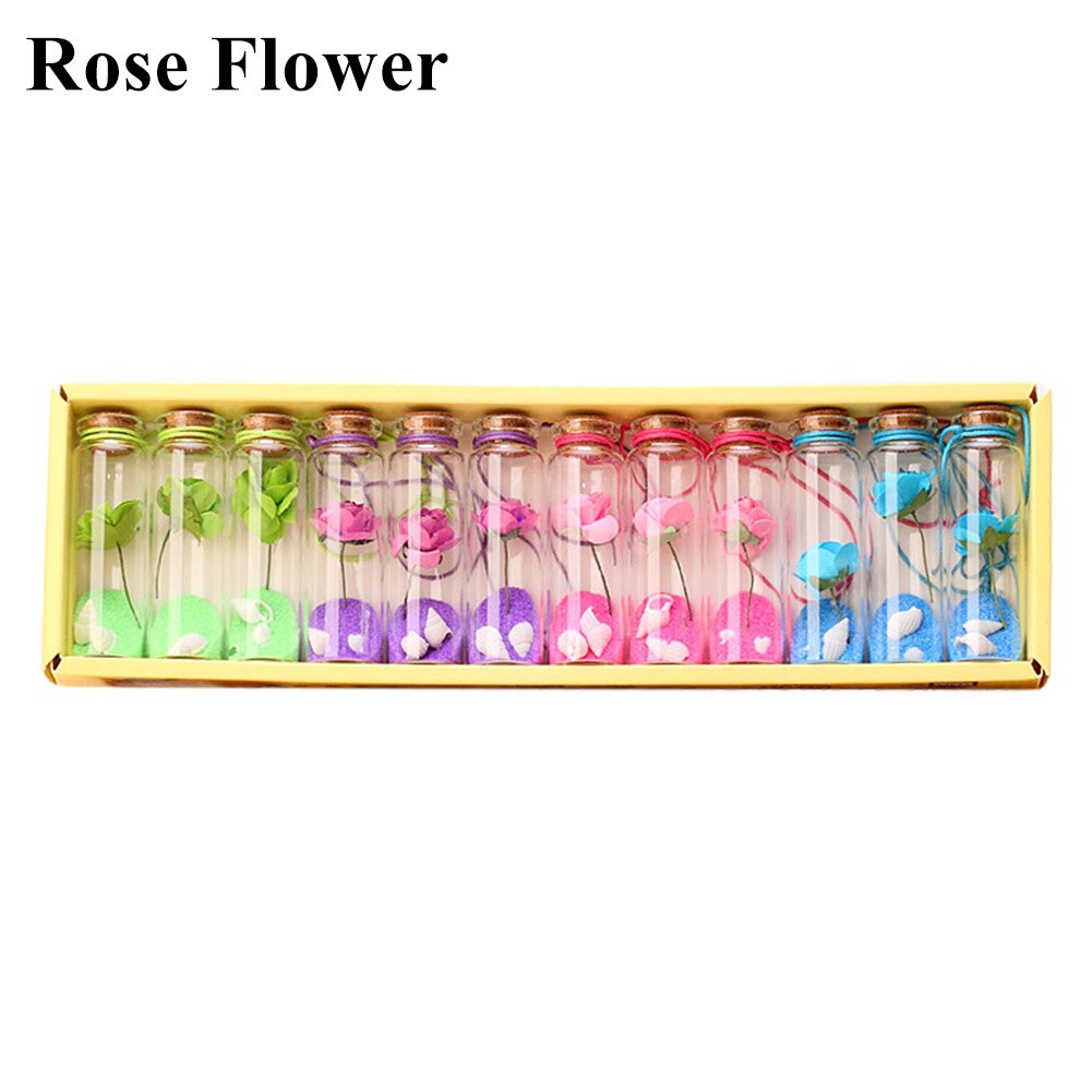 12Pcs Glass Wishing Bottles Shell Key Flower Mini Wood Cork Stopper Wishing Bottles Vials Containers Birthday Party Decoration: Rose Flower
