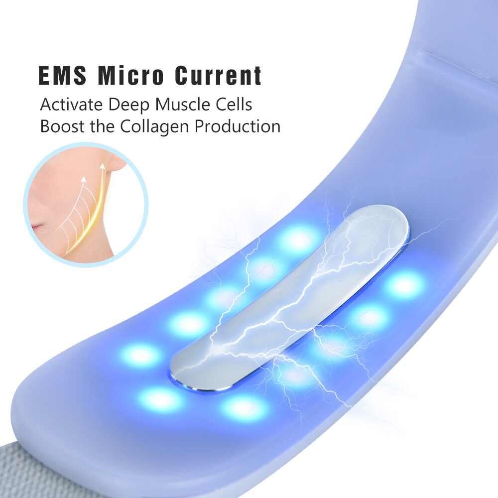 Dispositivo de estiramiento facial EMS V, máquina de cinturón de elevación de mentón, herramienta de adelgazamiento, masajeador, terapia de fotones LED roja y azul, vibración de calor galvánico