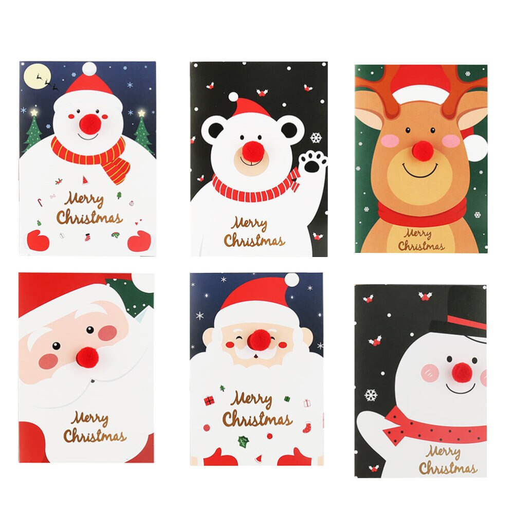 6 Stuks Kerst Wenskaarten 3D Rode Neus Wenskaarten Met Envelop: Default Title