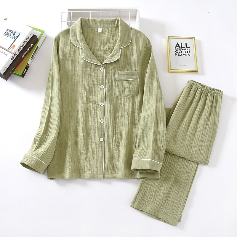 Lente En Herfst Mode Paar Pyjama Crêpe Katoen Ademende Broek Lange Mouwen Eenvoudige Effen Kleur Home Service Pak: light green / L