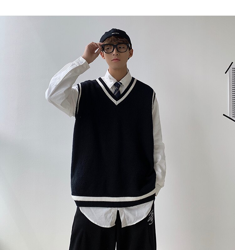 Suéter de punto a rayas con cuello de pico para hombre, chaleco Harajuku coreano, ropa de calle para hombre, ropa cómoda y versátil,