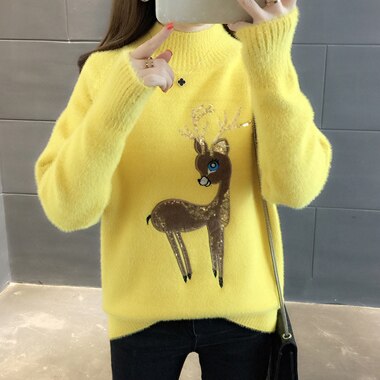 Søt genser koreansk reinsdyr stygg julegenser dame vinter varme gensere fluffy kashmir genser høyhalset genser genser: Kawaii genser / Xxl