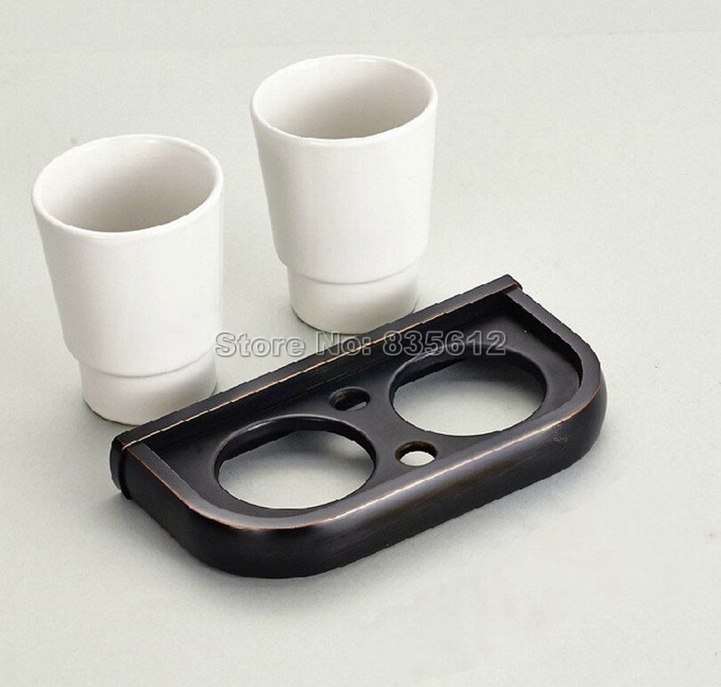 Black Oil Rubbed Bronze Bathroom Accessory Wall Mounted Toothbrush Holder with Two Ceramic Cups Wba197