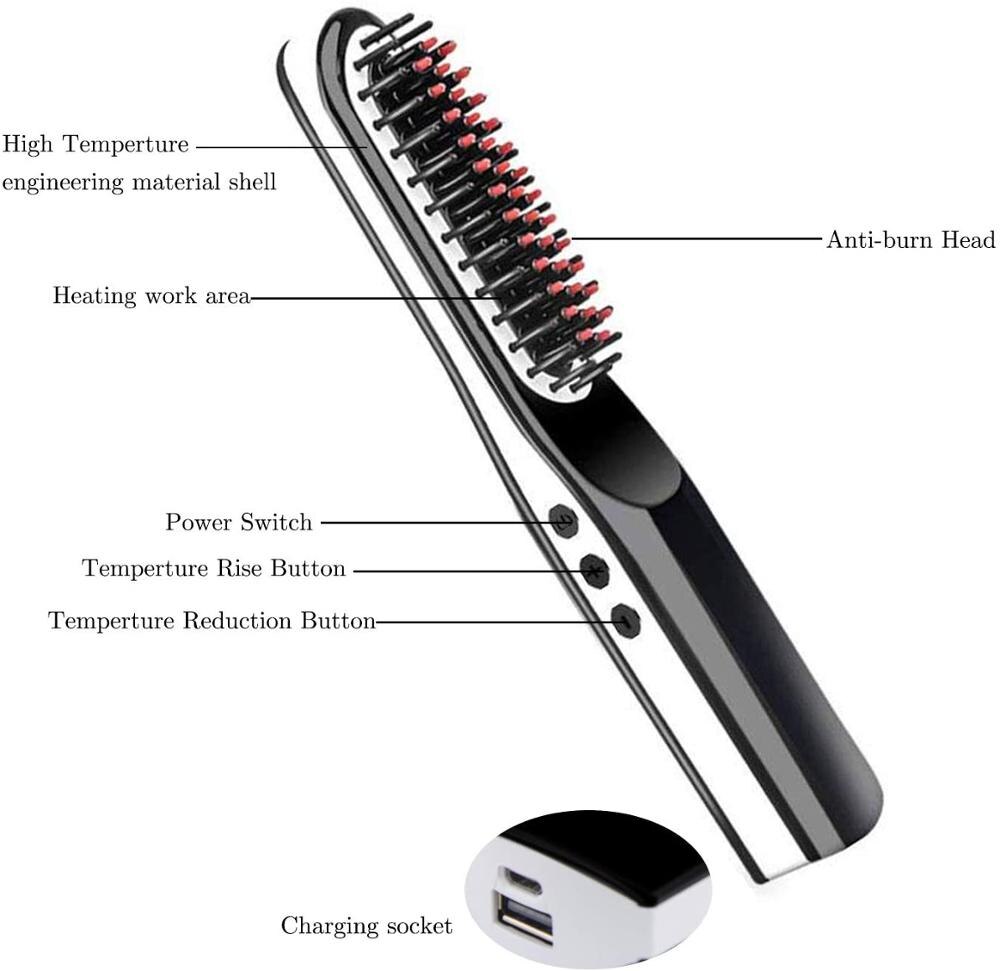 Hair Straightener Brush Rechargeable Battery LCD Electric Men Mini Beard Straightening Comb Styling Tools