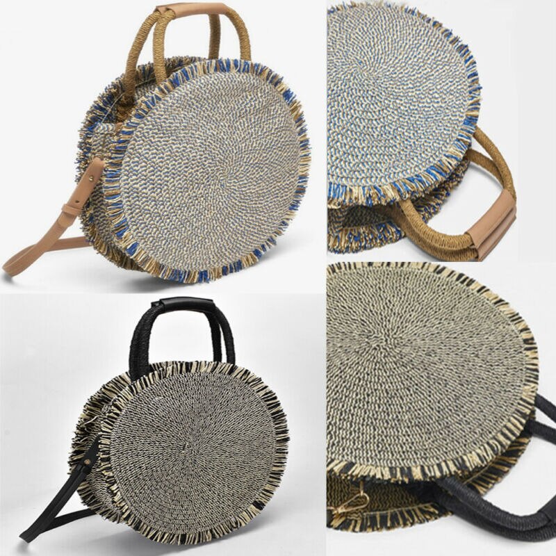 Bolsa de paja para playa para mujer, bolso redondo de tejido bohemio, bolso de mimbre de paja Vintage, bolso de playa con flecos, bolso de mano con flecos