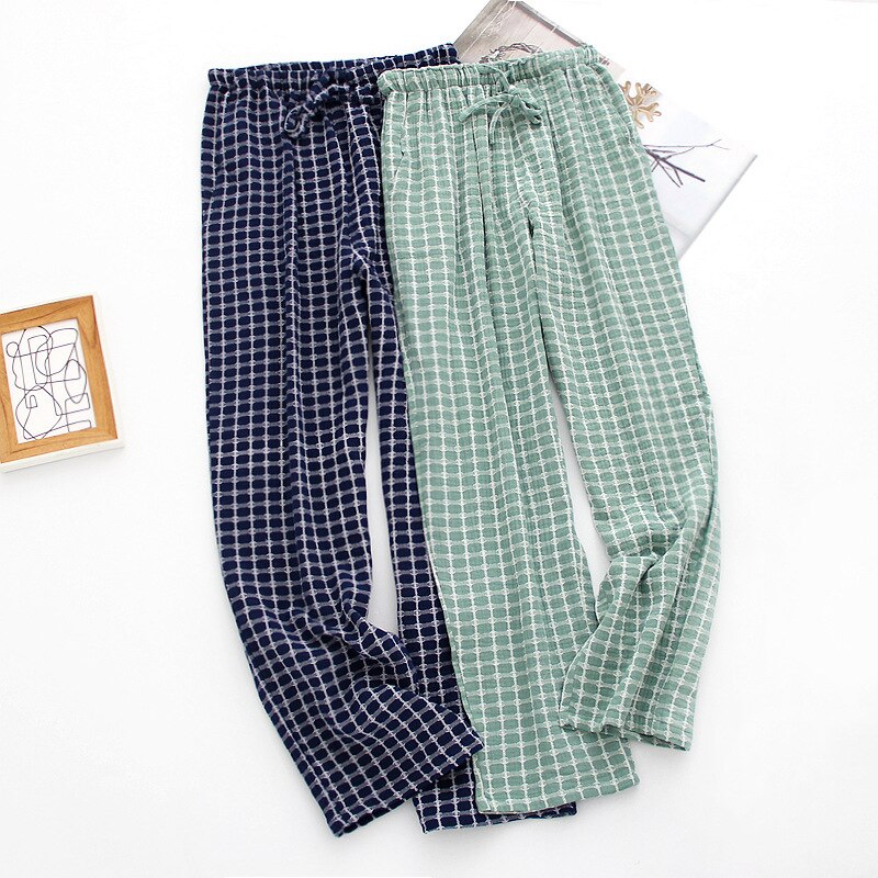 NHKDSASA Men's Cotton Gauze Trousers Plaid Sleep Pants Woman Pajamas Pants Bottoms Sleepwear Short for Couples Pijama Hombre