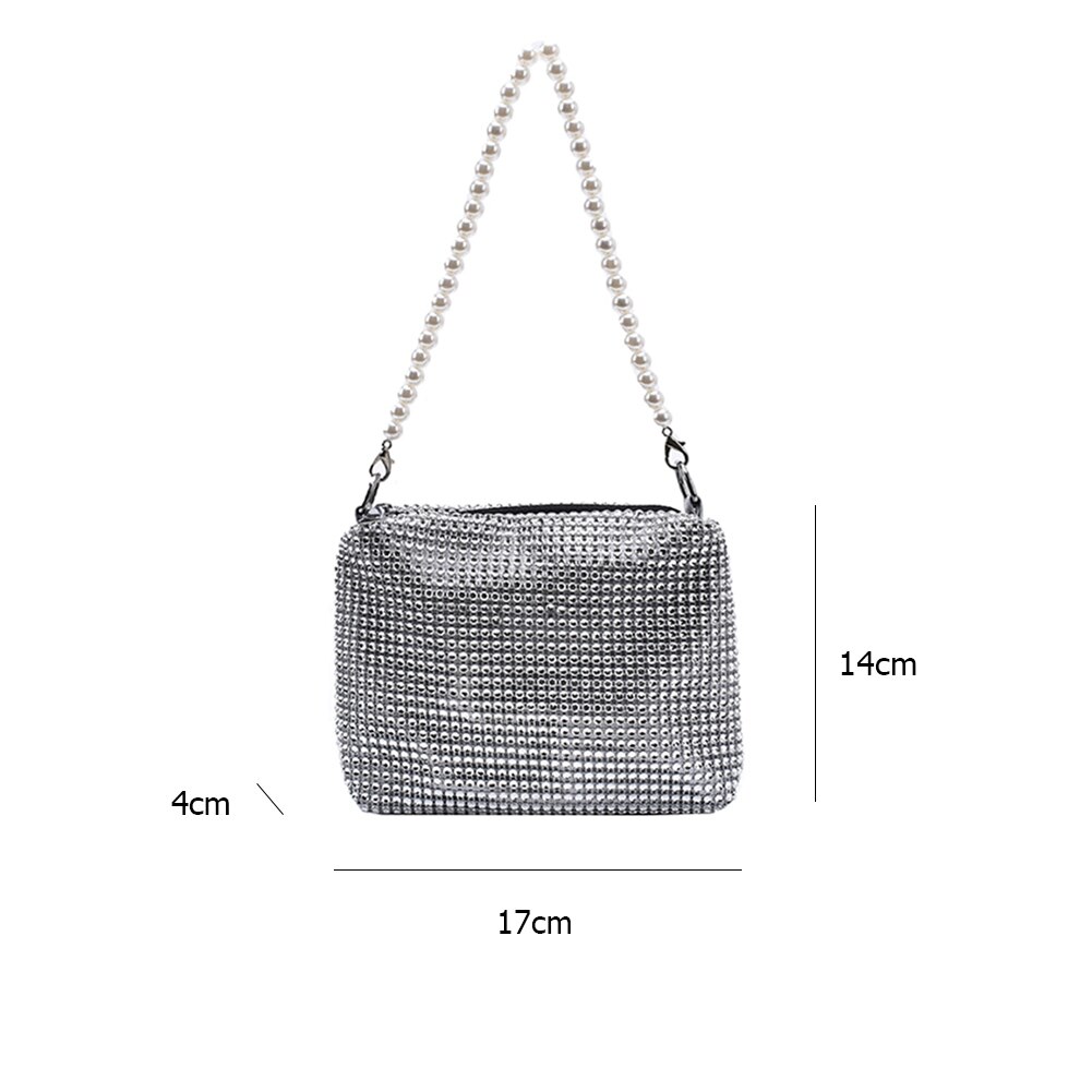 Shiny Rhinestone Crossbody Bag For Women Pearl Handle Tote Bags Female Underarm Bag Nightclub Evening Party Clutch: Default Title