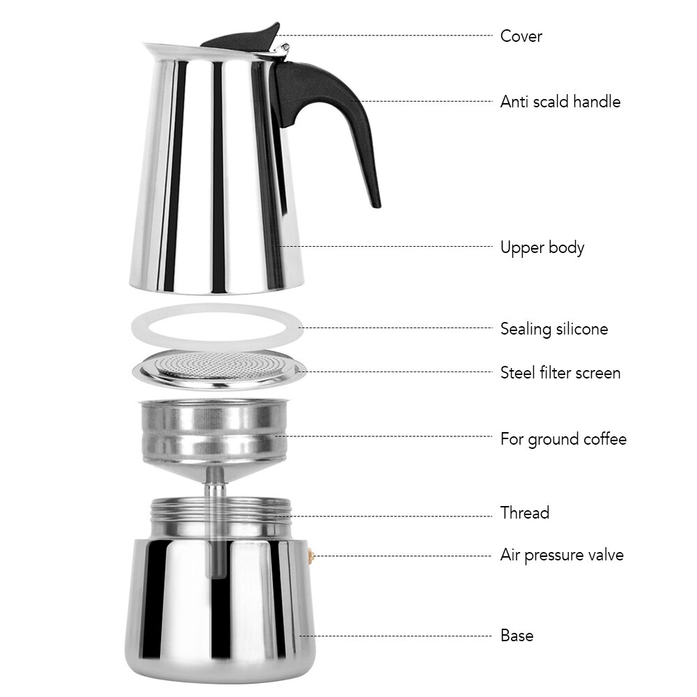 Stainless Steel Stovetop Coffee Pot Espresso Coffee Maker Kettle 100ML / 200ML/300ML / 450ML / 600ML Outdoors Indoors Cafeteira