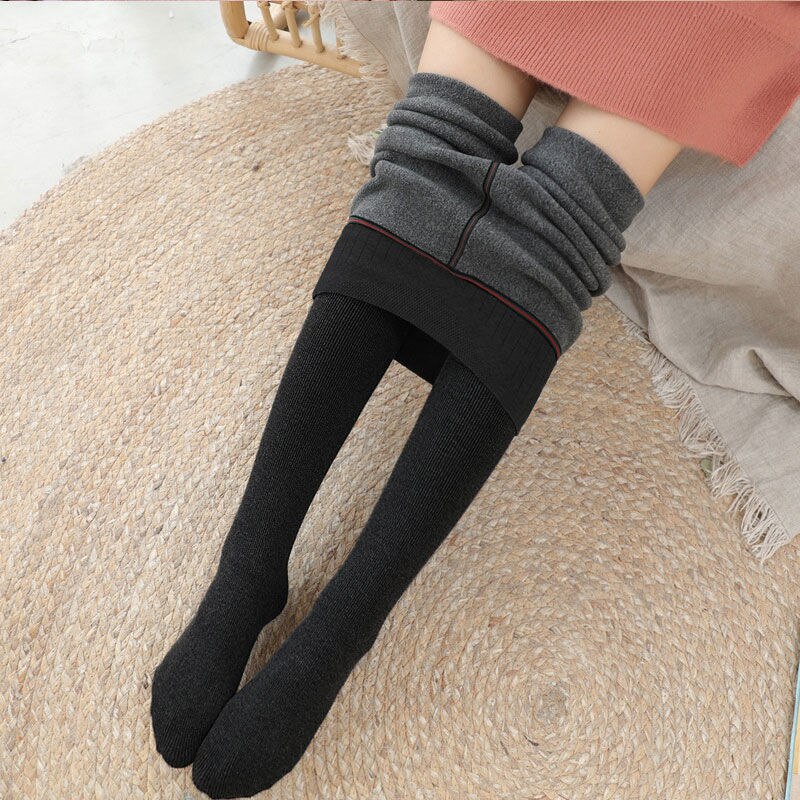 Mallas gruesas de terciopelo para mujer, polainas de piel de Cachemira de cordero para invierno, polainas de invierno cálidas, pantalones de terciopelo para mujer: black with feet
