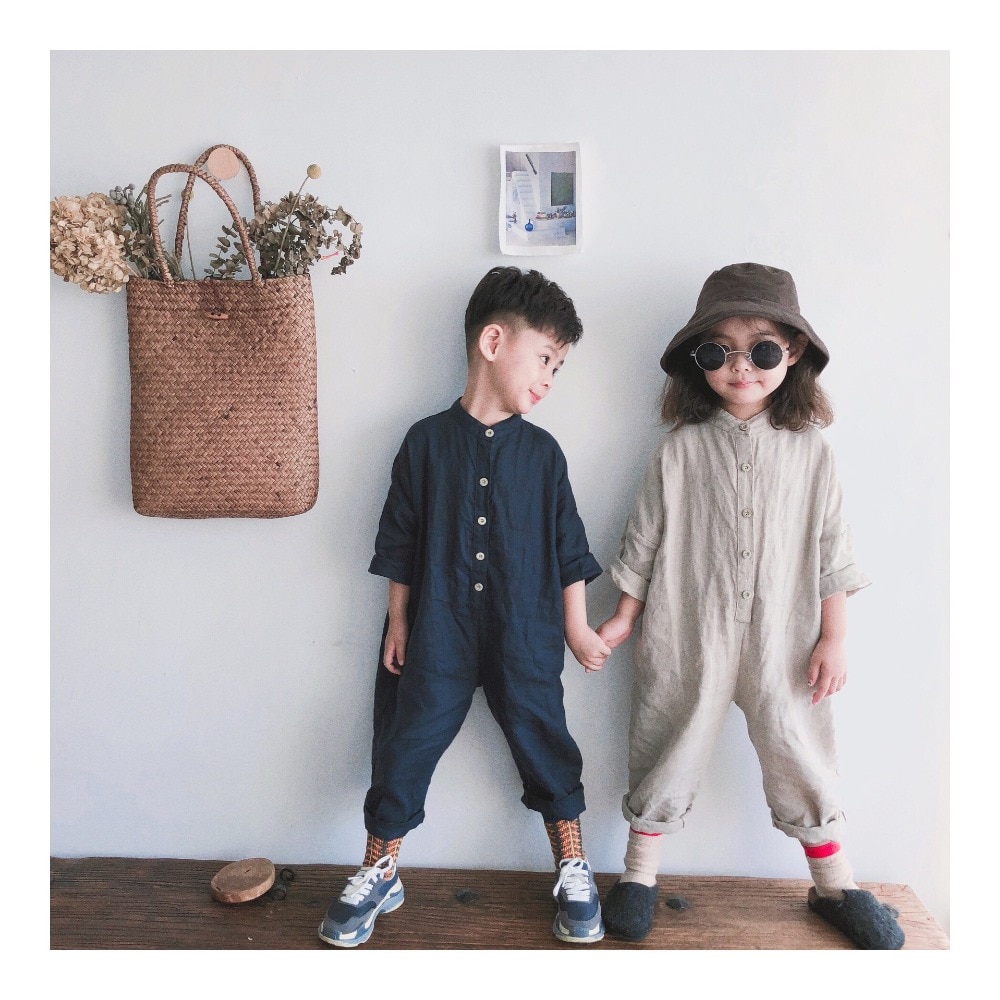 Vår unisex barnedresser bomull lin løse bukser koreansk stil baby gutter jenter jumpsuits barneklær