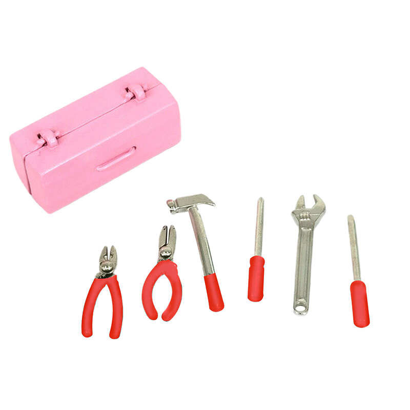 1 set dockhusminiatyrverktygslåda 【verktygslåda +6 verktyg】handgjorda verktygsset modellmöbler tillbehör dockhusdekor leksaker