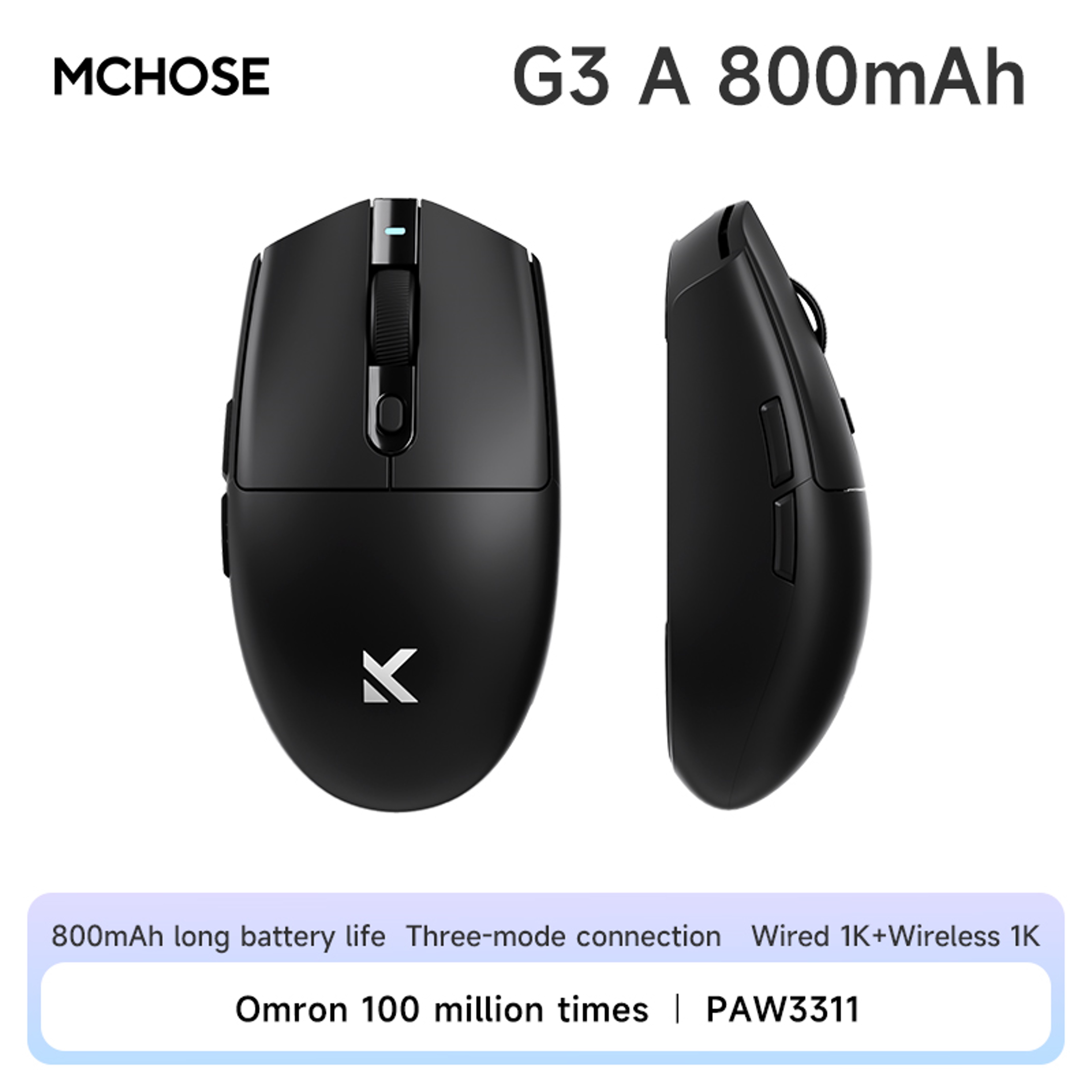 MCHOSE G3 Tri-Mode draadloze gamingmuis-PAW3311-sensor, 2.4G/Bluetooth/bedraad, ultralichte muis Ergonomisch voor pc/laptopgaming: Black