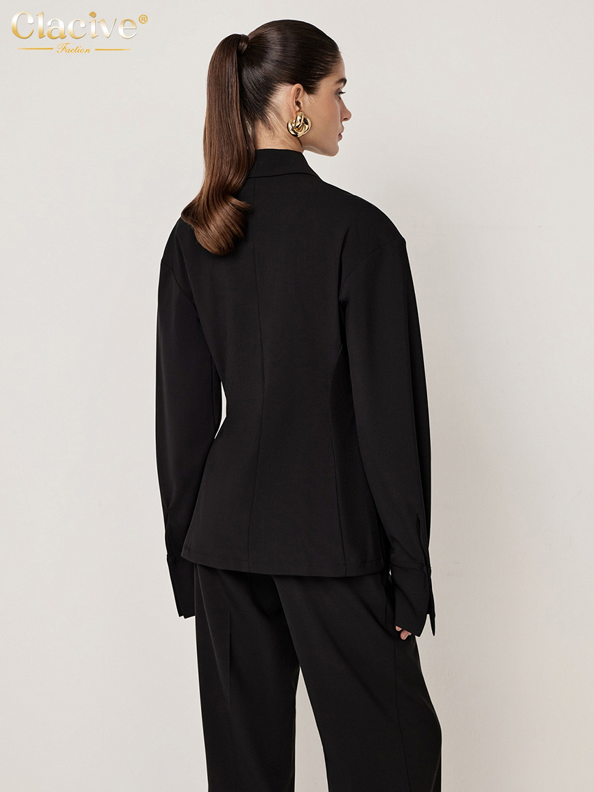 Clacive bodycon sort kontor 2 -delt sæt til kvinder outfit langærmet skjorte med højtaljede bukser bredt sæt til kvinder