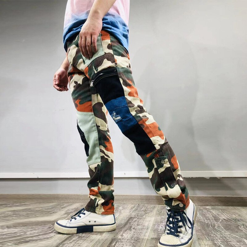 Trendy stitching jeans men European and American personality street patch beggar pants foreign trade straight leg pants men