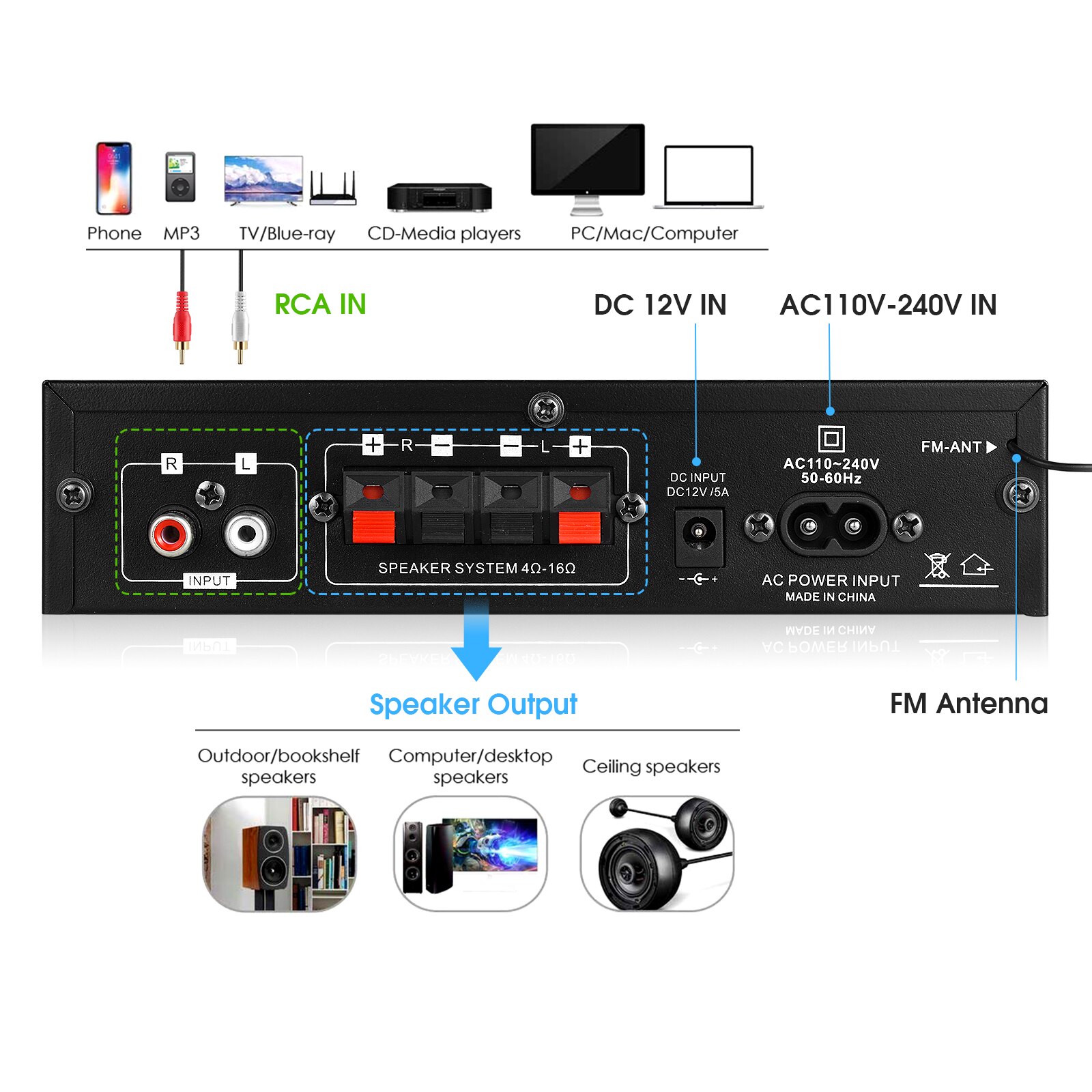 Nobsound Mini 2.0 Channel Digital Amplifier Bluetooth 5.0 Receiver USB Music Player Stereo Home/Car/Marine Audio Amp