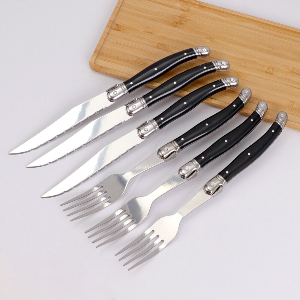 Juego de 6 cuchillos y tenedores para carne de acero inoxidable, juego completo de cubiertos de acero Laguiole con vajilla con mango de ABS negro