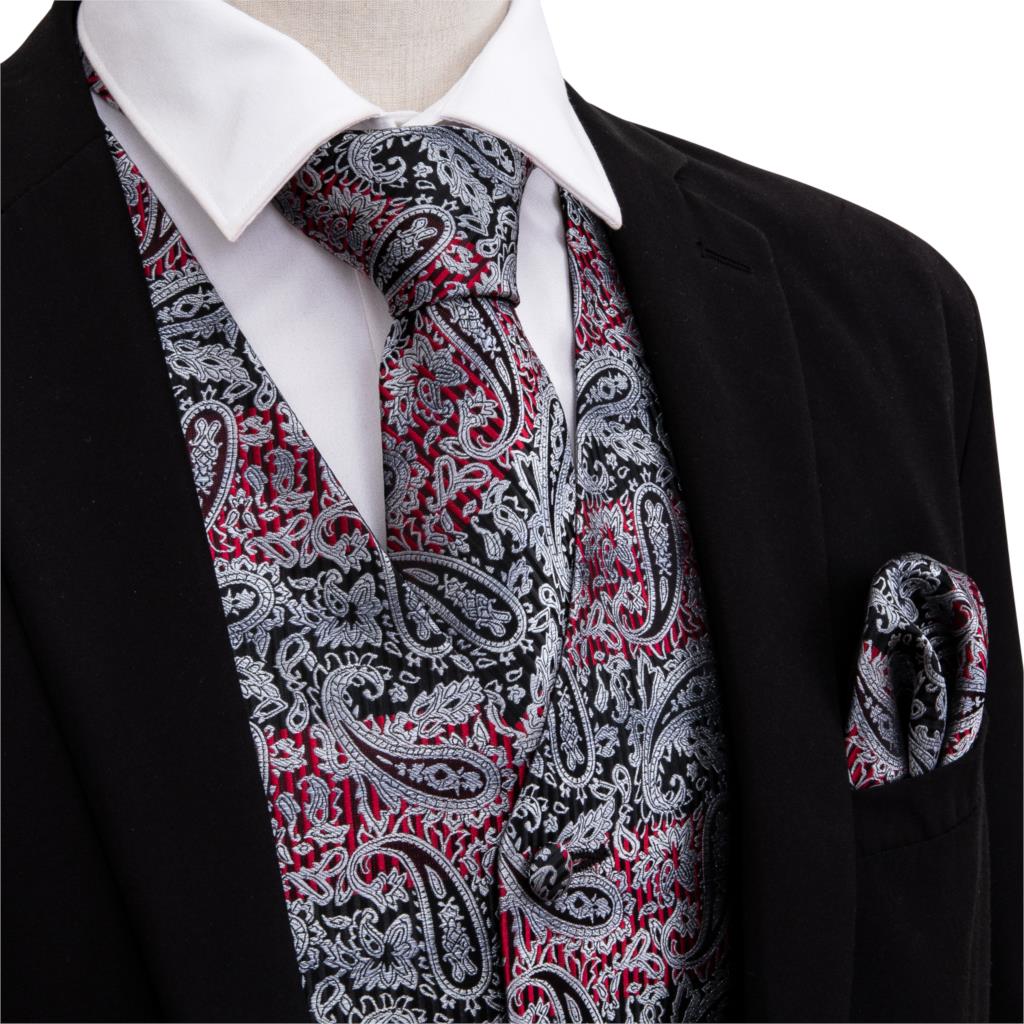 Mænd formel vest sommer veste med v-hals slik paisley slips grå slips lommetørklæde manchetknapper sæt til smoking barry.wang mj -2005: L