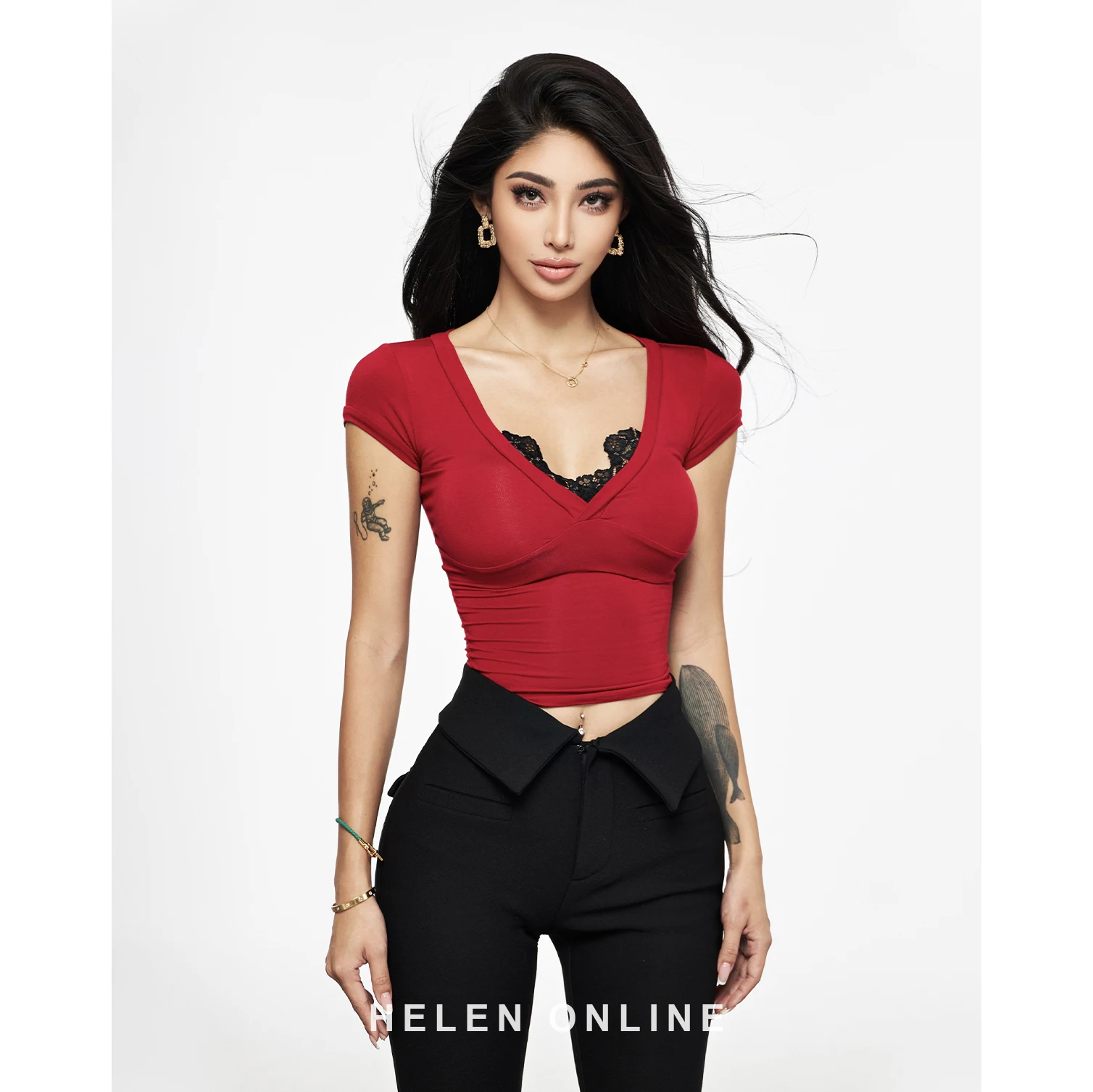 Spitze V-Ausschnitt Sommer Ernte Spitzen Frauen Kurzarm Spitzen sexy Unterseite ing Blusen T-Shirt: L / verrotten