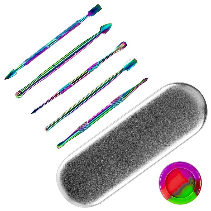 6 Stuks Wax Carving Tool Set, rvs Double-Sized Gereedschap Met Siliconen Container Jar En Metal Case, Regenboog Kleur