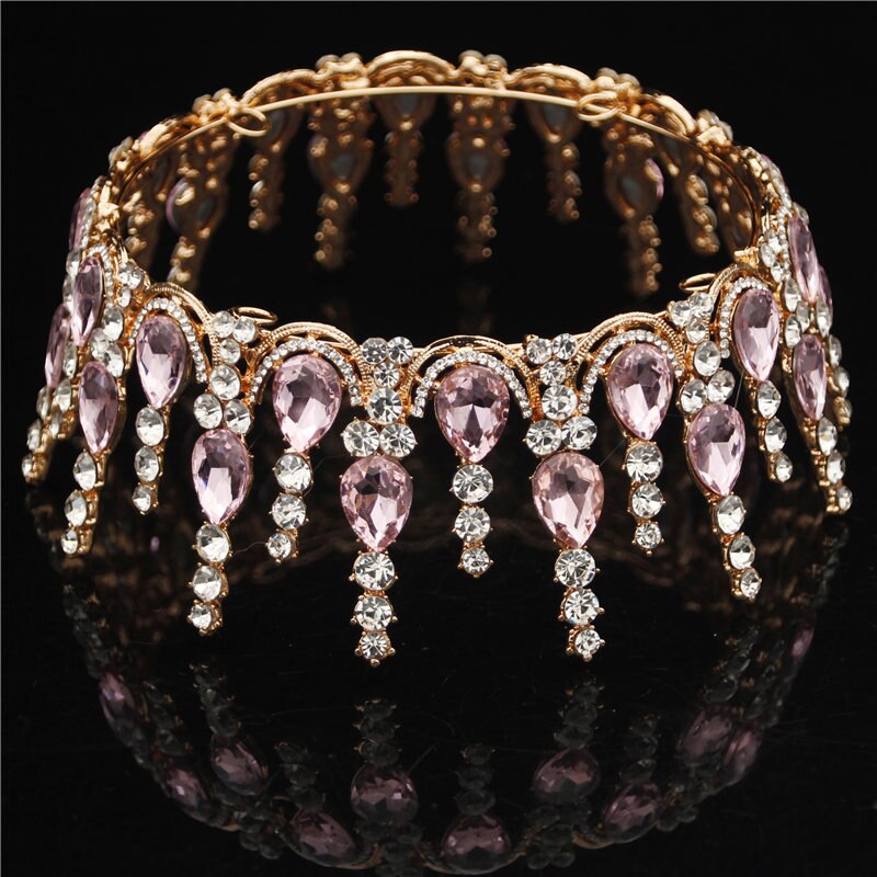 Wedding Tiara Crown - Round Rhinestone Bridal Headpiece - Gold & Silver Plated Zinc Alloy: Gold Pink