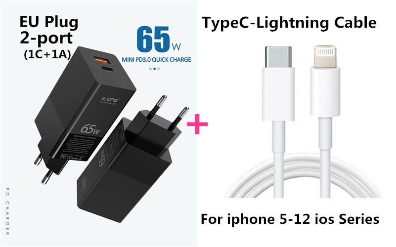 65W GaN USB C PD MagSaf* Power Adapter 2-Ports Fast Smart Mobile Phone Quick Charger For Laptop Macbook iphone Xiaomi Huawei: EU With C-Lightning