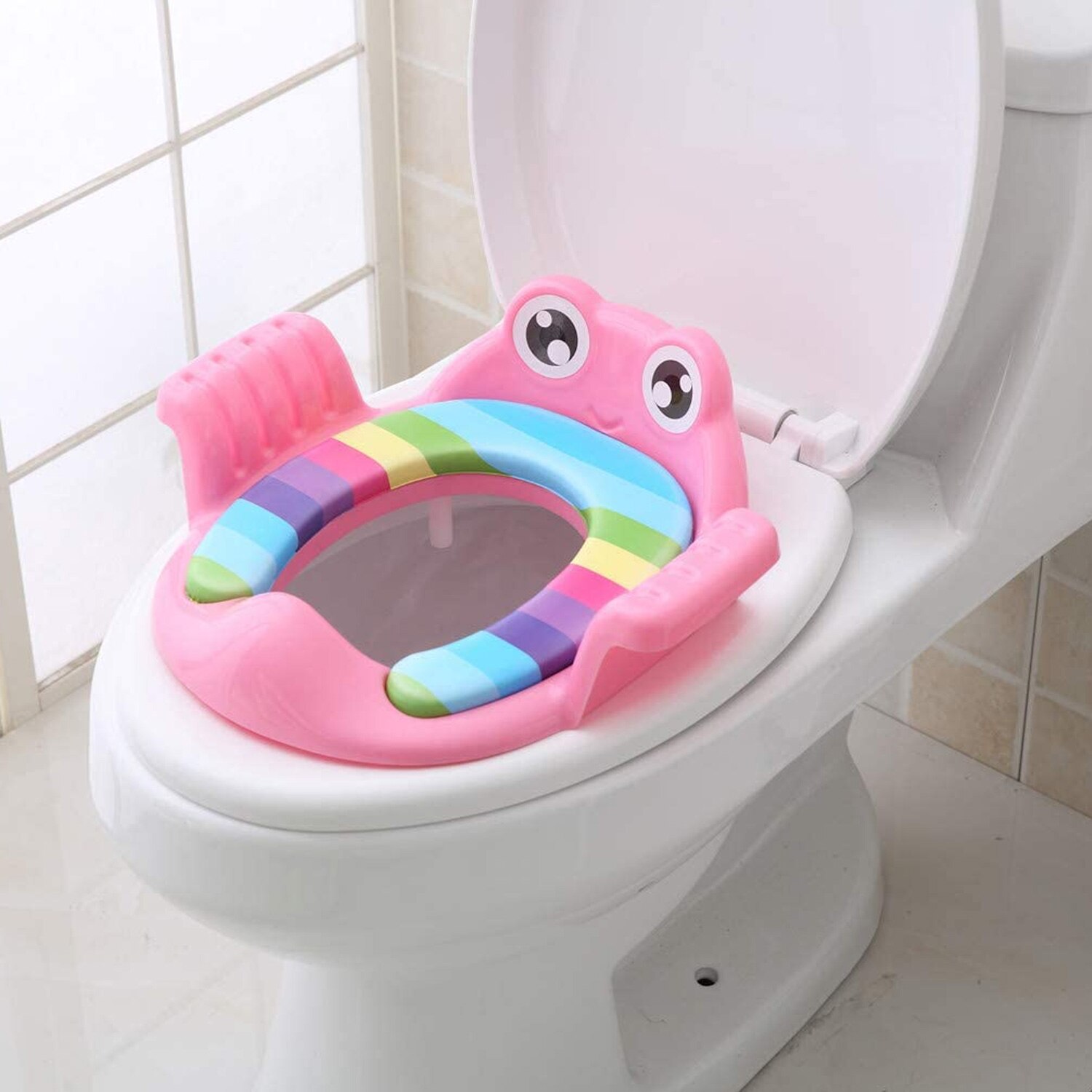 Cute Cartoon Anti-slip Potty Training Seat Toilet Trainer with Soft Cushion Handle Splash Guard for 1-6 Years Old Kids: Pink