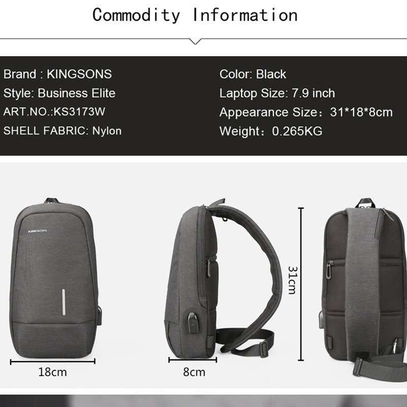 Kingsons KS3173w 10.1 inch Chest Backpack For Men Women Casual Crossbody Bag Casual Style Travel Business Backpack