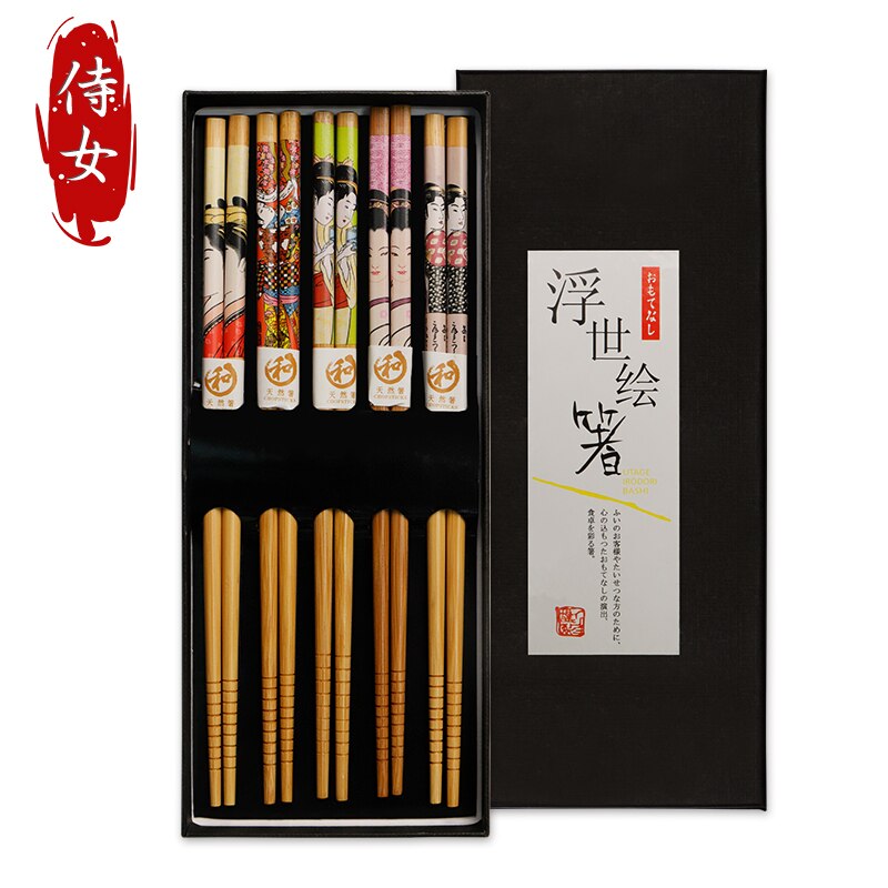 5 pairs/Set Reusable Lucky Cat Natural Bamboo Ecological Chopsticks Handmade Wood Wooden Chopstick Set Chopsticks Boxs: A 1set