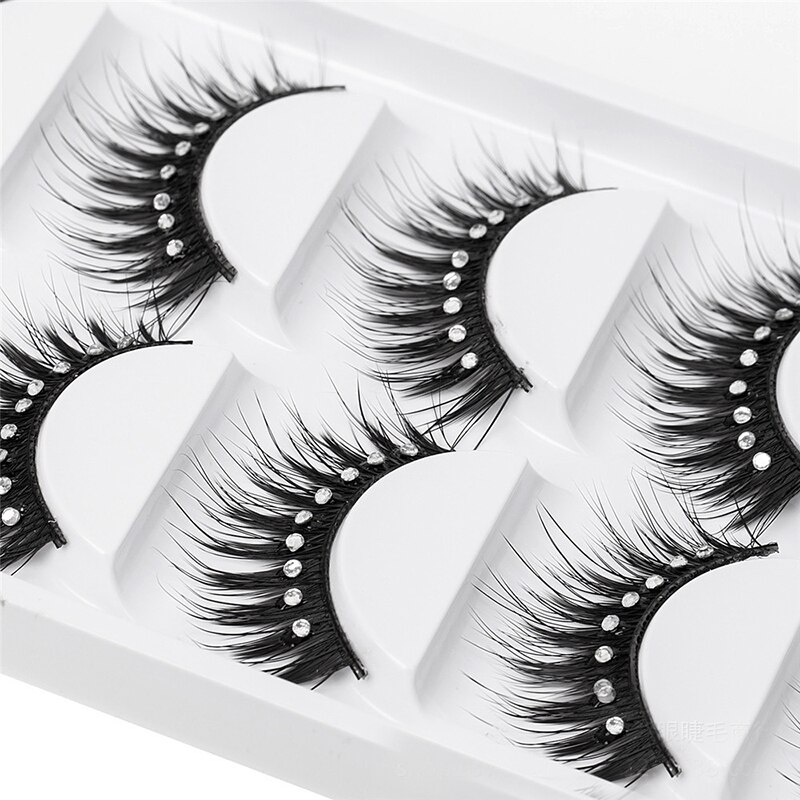 5 par scen makeup förlängning ögonfransar svarta långa med 9 diamanter dekoration lyxig naturlig rörig fluffig volym fransar mycket