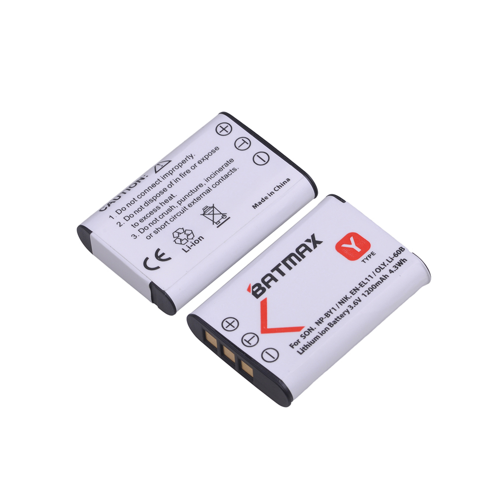 Batmax 2 st 1200 mah np -by1 en-el11 li-60b np  by1 batteri för sony hdr -az1vr az1 az1v az1vr sport action cam mini videokamera