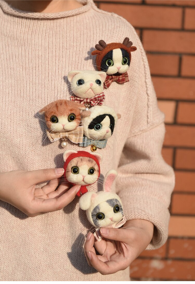 Broche en feutre Animal de poche pour femme, Kit de points d&#39;aiguille en laine de chat Siam, insignes de tête de chat, à faire soi-même