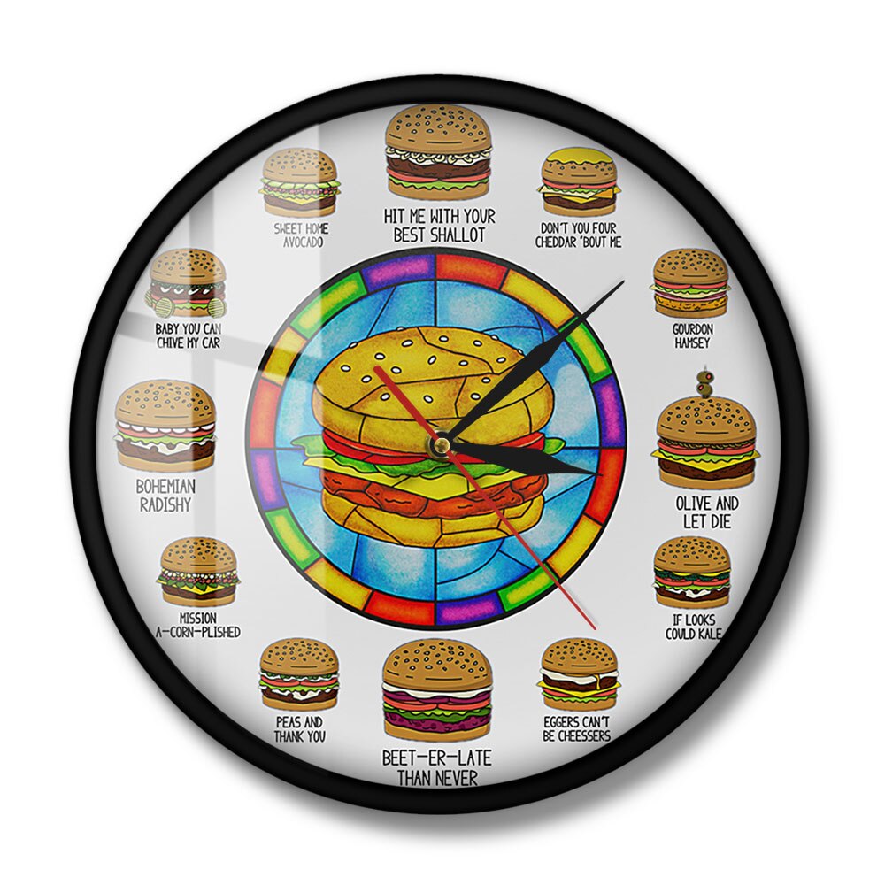 Burger ordspil hamburger baseret hilaritet sjov vægur ur ordboller burger butik indretning fastfood forretning tegn væg kunst stille ur: Metalramme