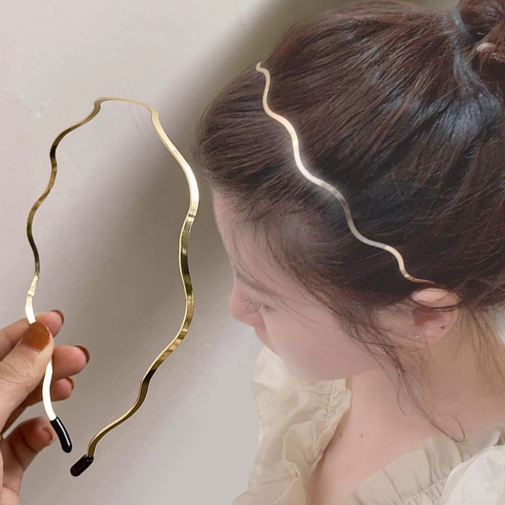 Diademas onduladas de Metal dorado simples para mujer coreana, diadema doblada, aro geométrico fino para la cabeza, tocado para niñas, peinado