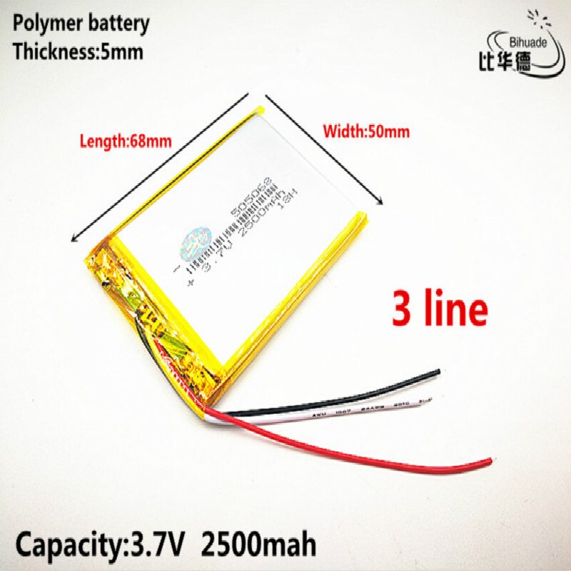 3 lijn Goede Qulity 3.7 V, 2500 mAH, 505068 lithium Polymeer ion/Li-Ion batterij voor SPEELGOED, POWER BANK, GPS, mp3, mp4
