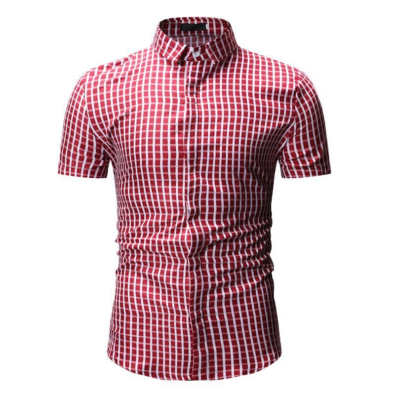 Check Shirts Men Summer Short Sleeve Loose Fit Business Formal Casual Plaid Shirt Beach Tourism Daily Life Red Blue