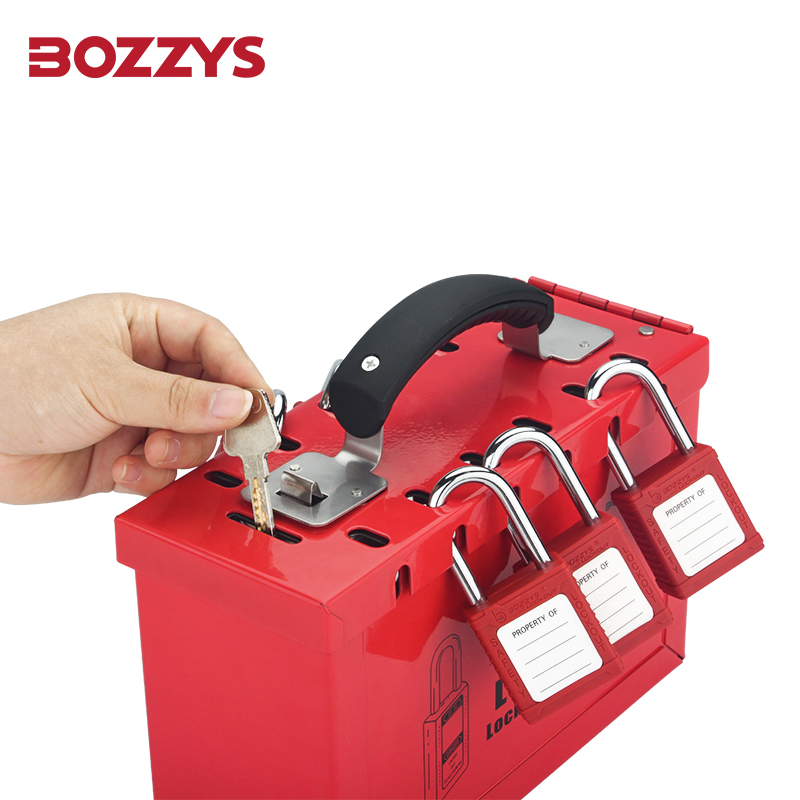 BOZZYS caja de bloqueo de grupo portátil, gabinete para gestión Visual con placa de acero recubierta de plástico y mango plegable