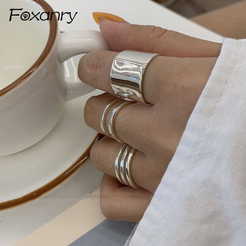 Foxanry 925 Sterling Silver Finger Rings for Women Minimalist Geometric Handmade Width anillos Party Jewelry