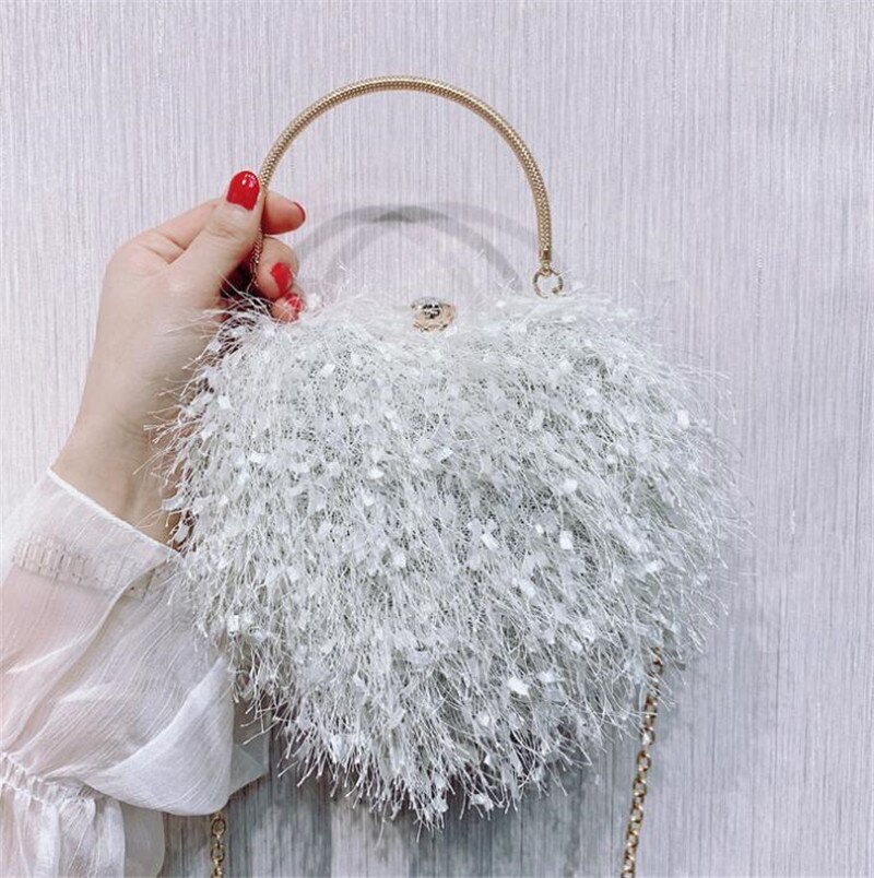Lovely heart shaped evening clutch bags tassel wedding banquet purse for ladies party dinner wallets: Ivory